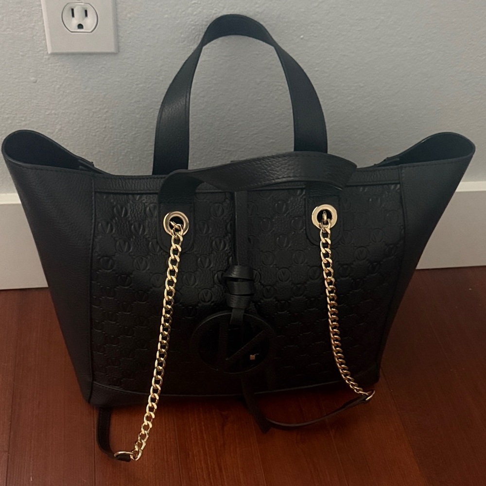 Valentino By Mario Valentino Black Tote with Gold Chain